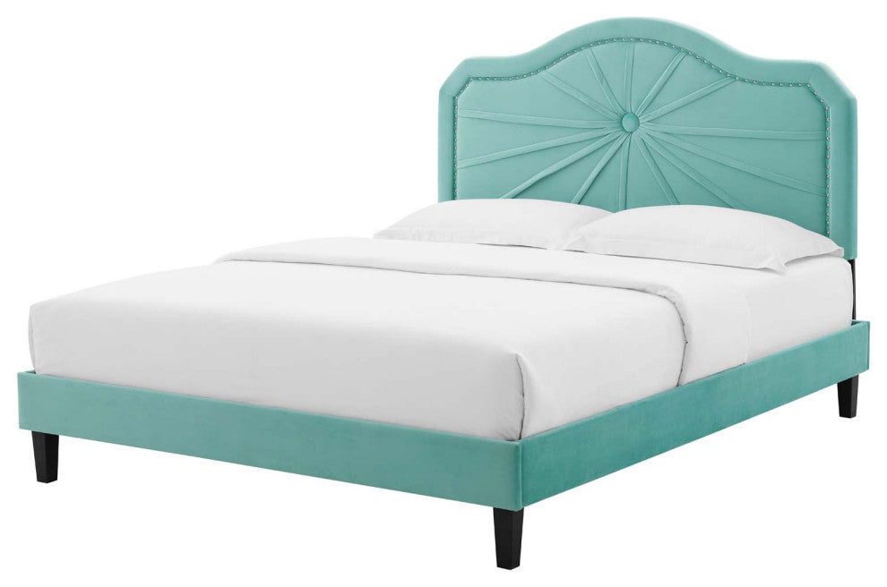 Platform Bed Frame, Queen Size, Velvet, Blue, Modern Contemporary, Bedroom