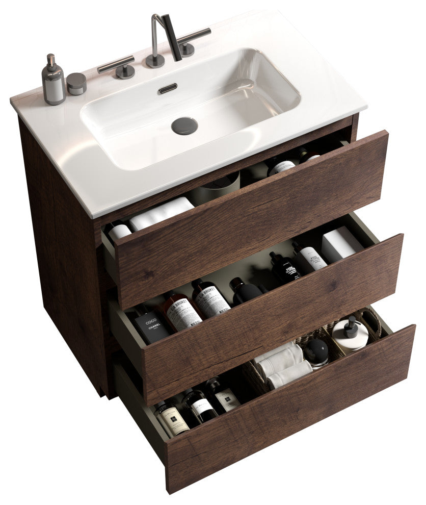 Freestanding Bathroom Vanity Set with White Ceramic Sink Basin, Walnut, 30"