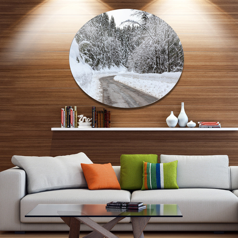 Foggy Winter Road In Slovenia, Landscape Wall Round Metal Wall Art, 11"
