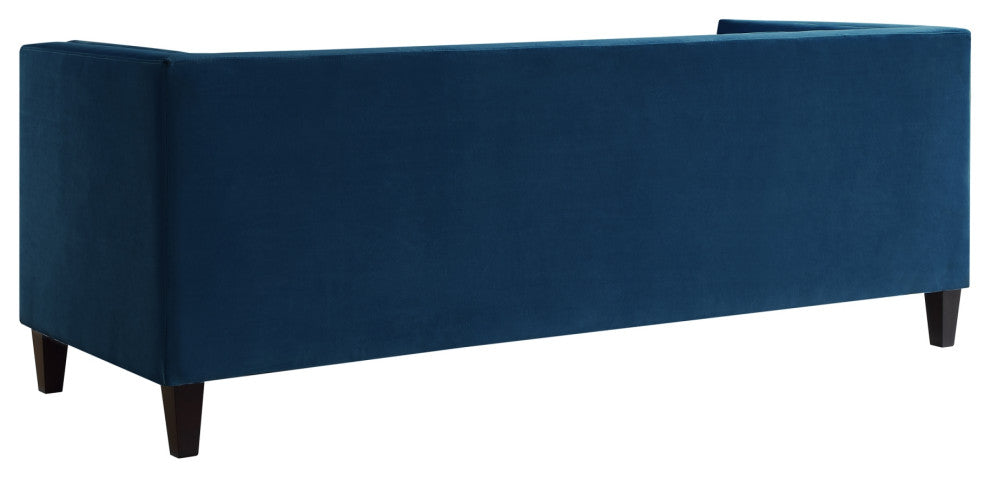 Branwen Velvet Button Tufted Sofa, Square Arms Tapered Leg, Navy