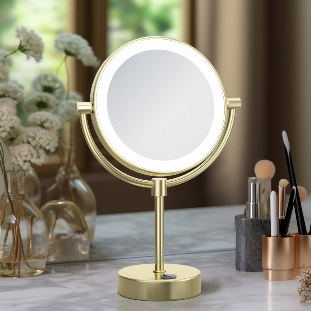 Circular LED Free Standing Magnifying Make Up Mirror, Brushed Gold