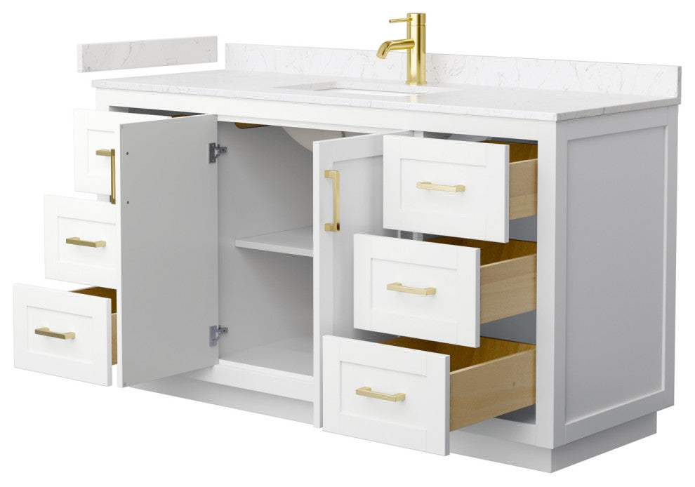 60" Single Vanity White, Light-Vein Carrara Cult Marble Counter, Sink, Gold Trim
