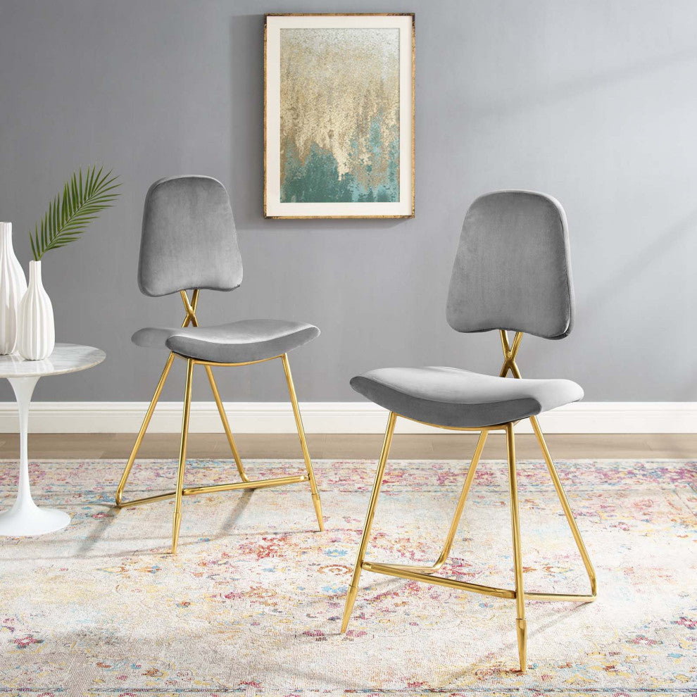 Counter Stool Chair, Set of 2, Velvet, Metal, Gray, Modern, Bar Pub Bistro