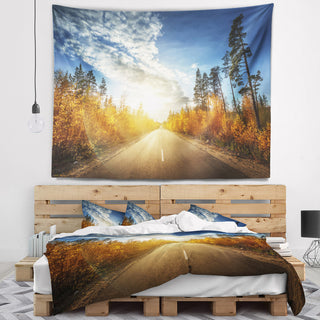 Road in Fall Forest Panorama Landscape Wall Tapestry, 39"x32"