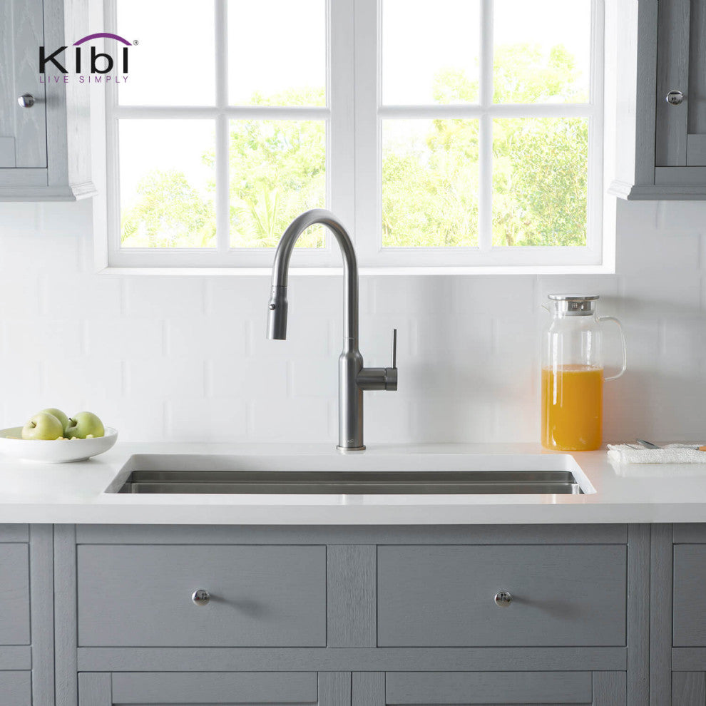 KIBI Hilo Single Handle Pull Down Kitchen Faucet, Titanium, W/ Soap Dispenser