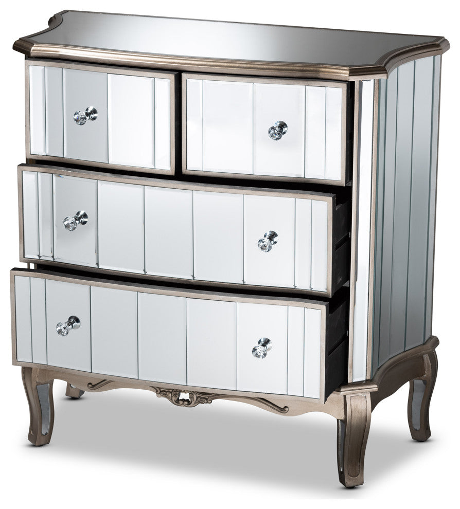 Elgin Brushed Silver Finished Wood and Mirrored Glass 4-Drawer Cabinet