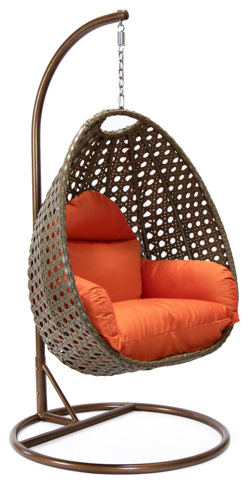 LeisureMod Beige Wicker Hanging Egg Swing Chair With Stand and Cushion, Orange
