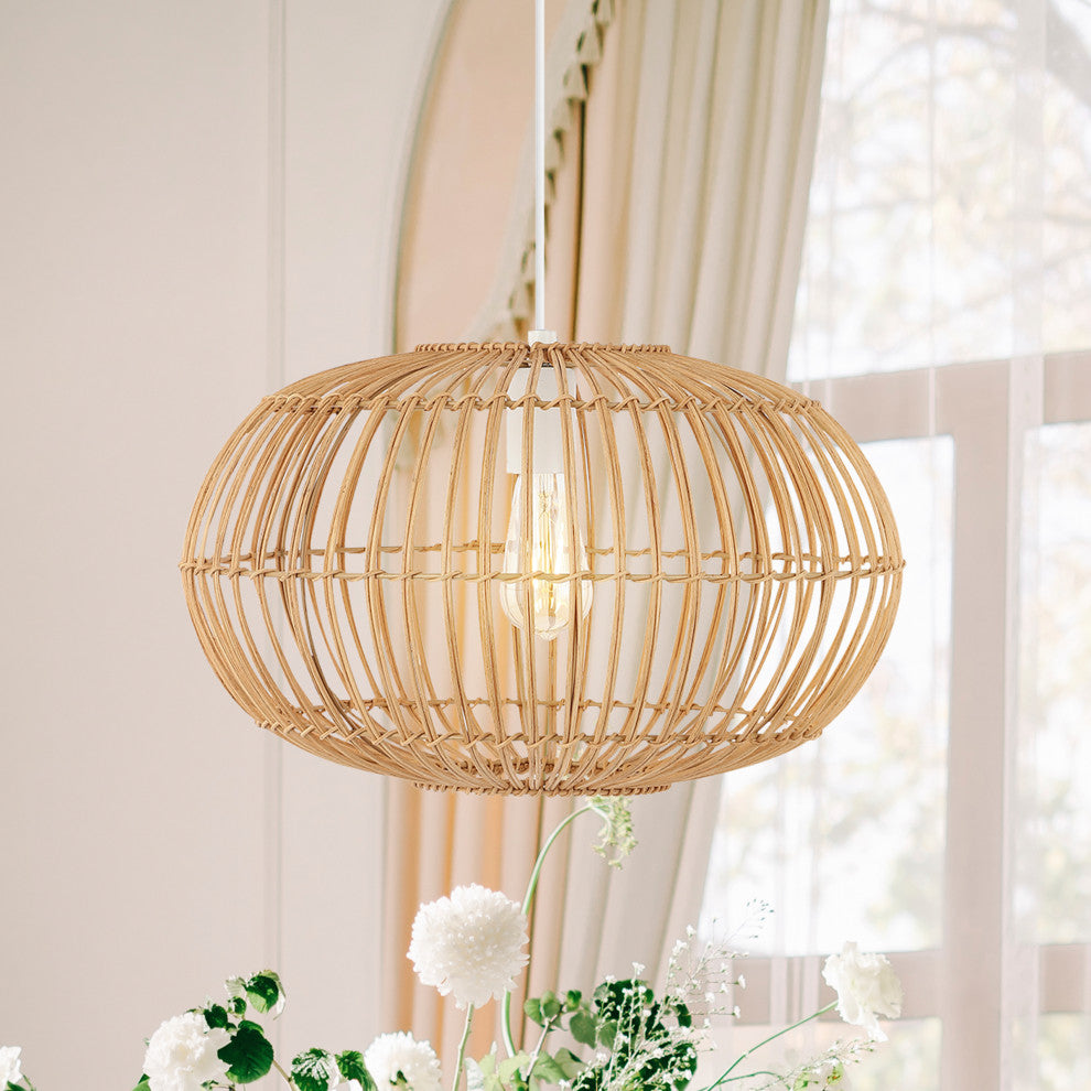 Nova 20.25" 1-Light Rattan 180" Plug-In or Hardwired LED Pendant, Brown, Leo