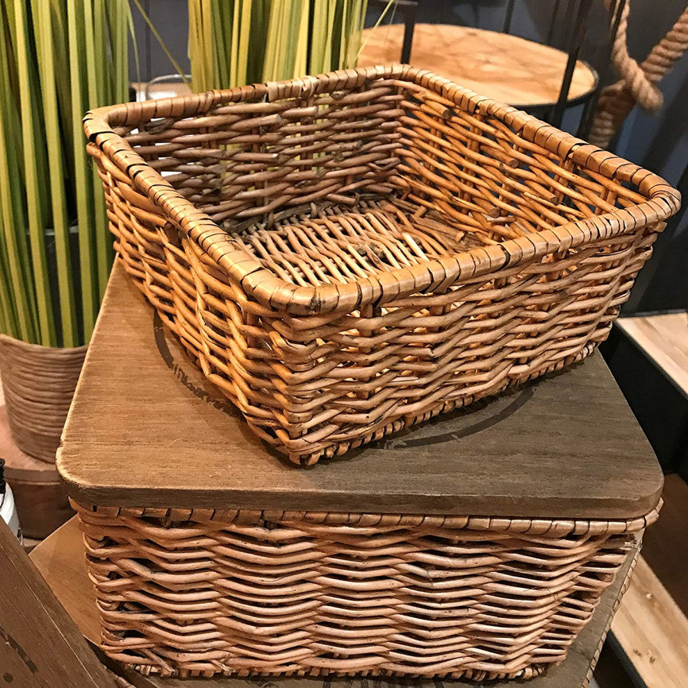 3 Piece Wicker Boxes and Wooden Lids Set