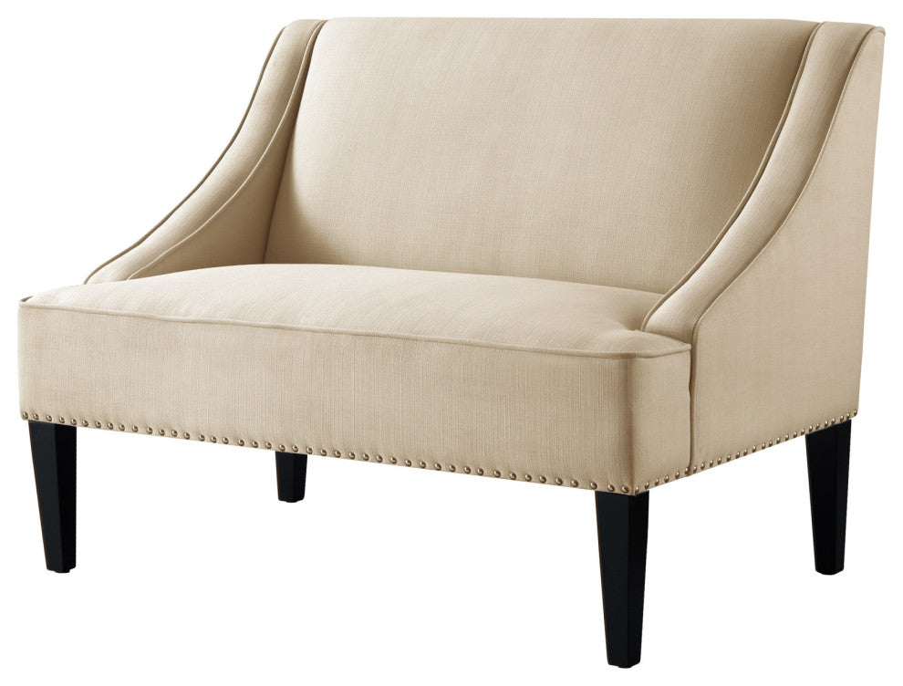 45" Beige and Black Upholstered Linen Bench