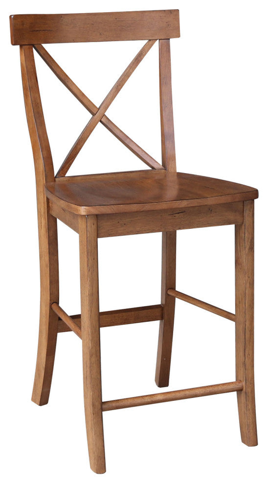 36" Round Pedestal Gathering Height Table With 2 X-Back Counter Height Stools, Distressed Oak