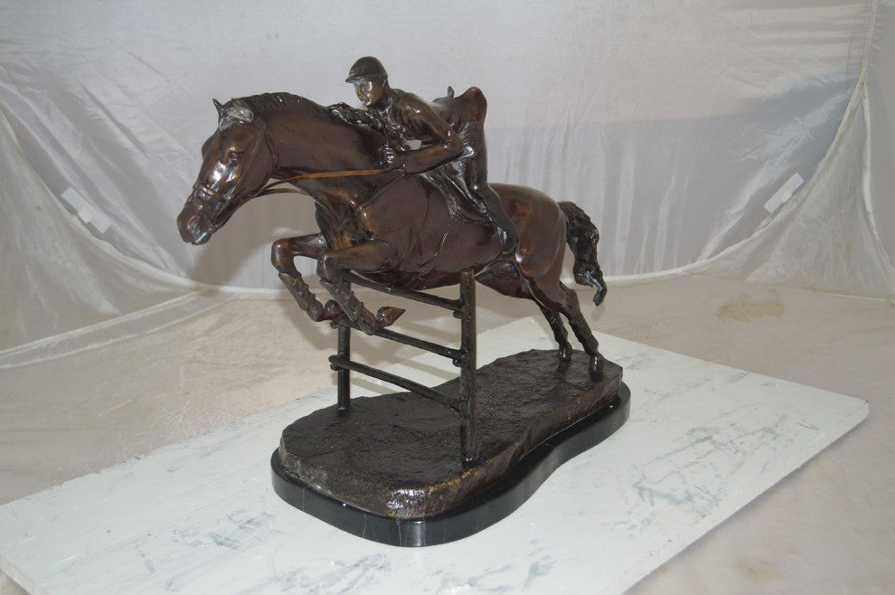 Jockey With Horse Jumping Over Hurdle Bronze Statue Medium  23"L x 10"W x 16"H