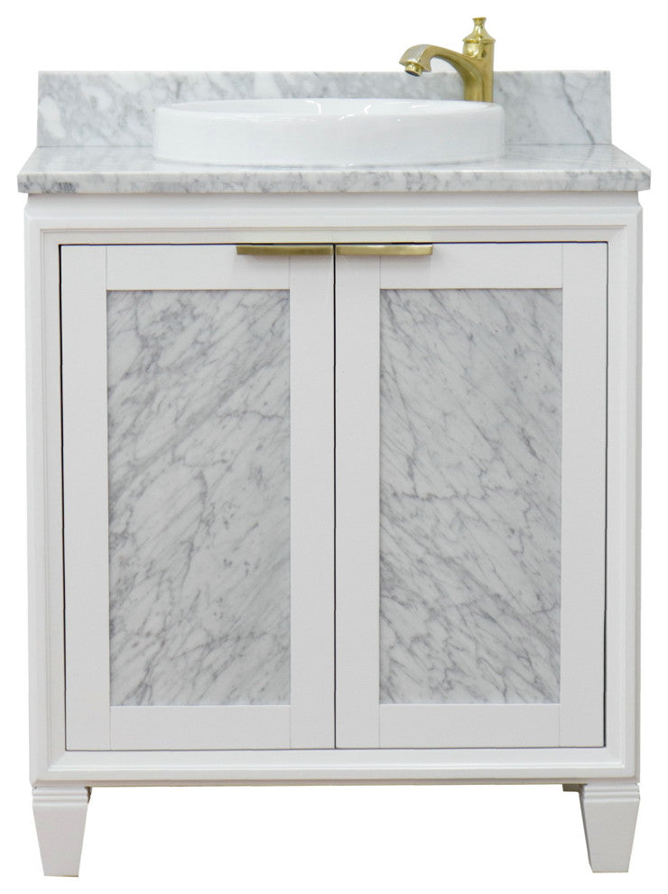 31" Single Sink Vanity, White Finish With White Carrara Marble With Round Sink