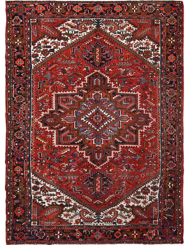 Crimson Red, Hand Knotted, Vintage Persian Heriz, Pure Wool Rug, 7'10"x11'