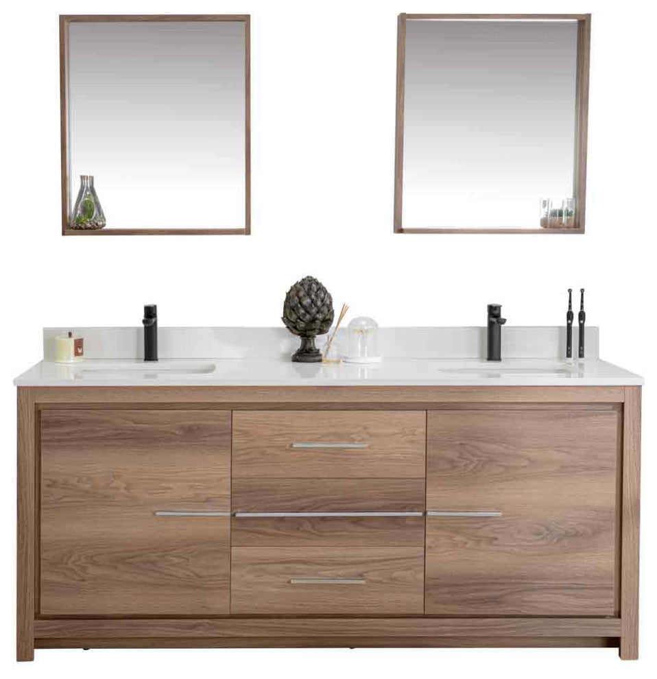 Mila Collection 72" Bathroom Vanity With Sink, Mirror, Countertop, Walnut Brown
