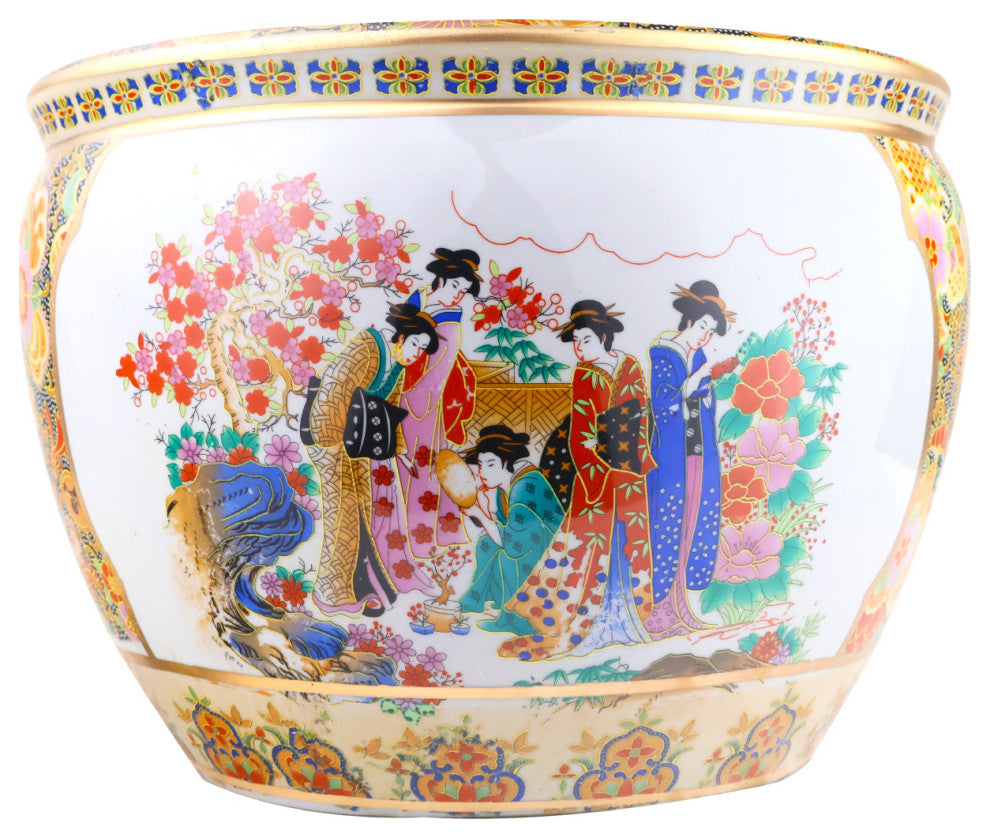 Chinese Porcelain Fish Bowl Planter, Satsuma Peacocks, 14"