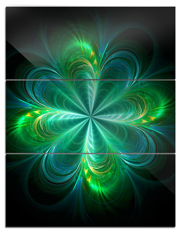 "Green Fractal Flower Blooming" Metal Wall Art, 3 Panels, 28"x36"