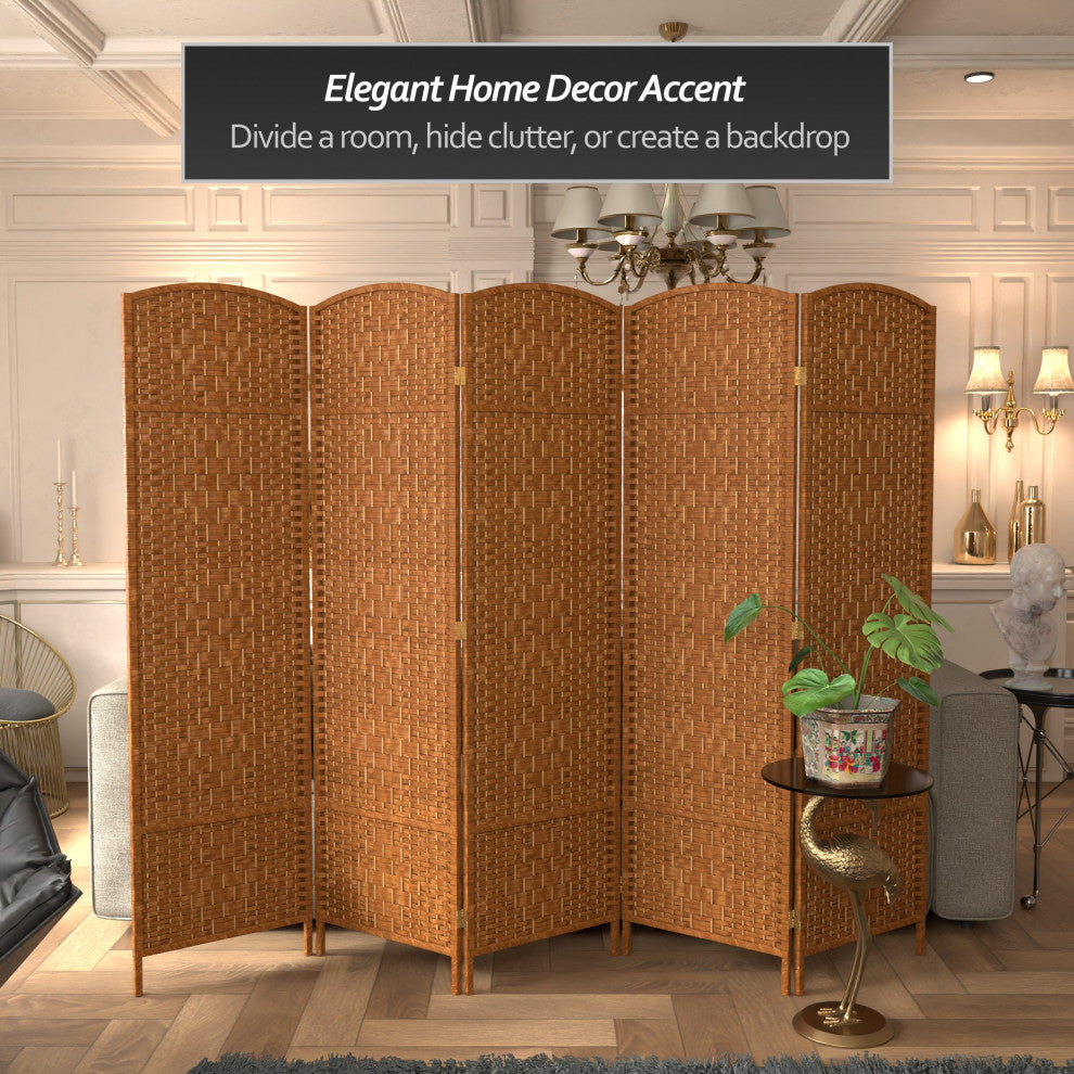 6' Tall Diamond Weave Fiber Room Divider, Dark Beige, 5 Panel