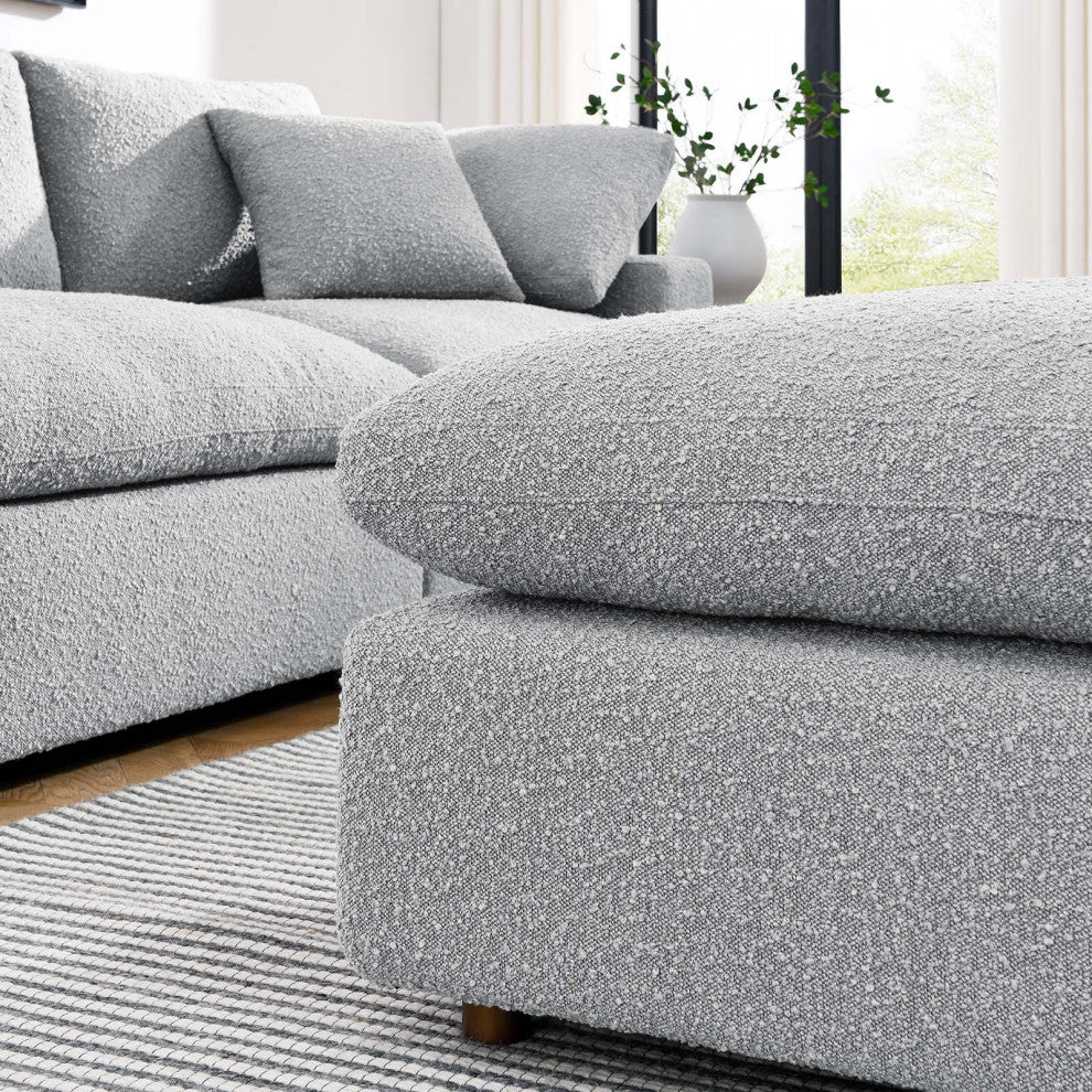 Commix Down Filled Overstuffed Boucle Fabric Ottoman, Light Gray