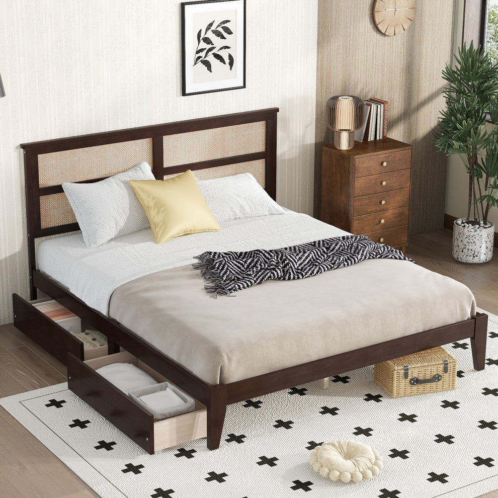 GDF Studio King Size Platform Bed, Rattan Headboard & Storage Drawers, Espresso