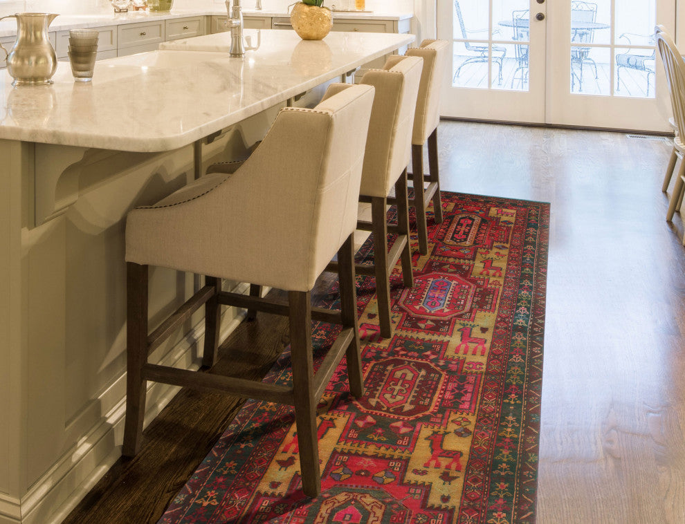 Fine Vintage Distressed Nuvia Gold/Red Runner, 3'4x10'2