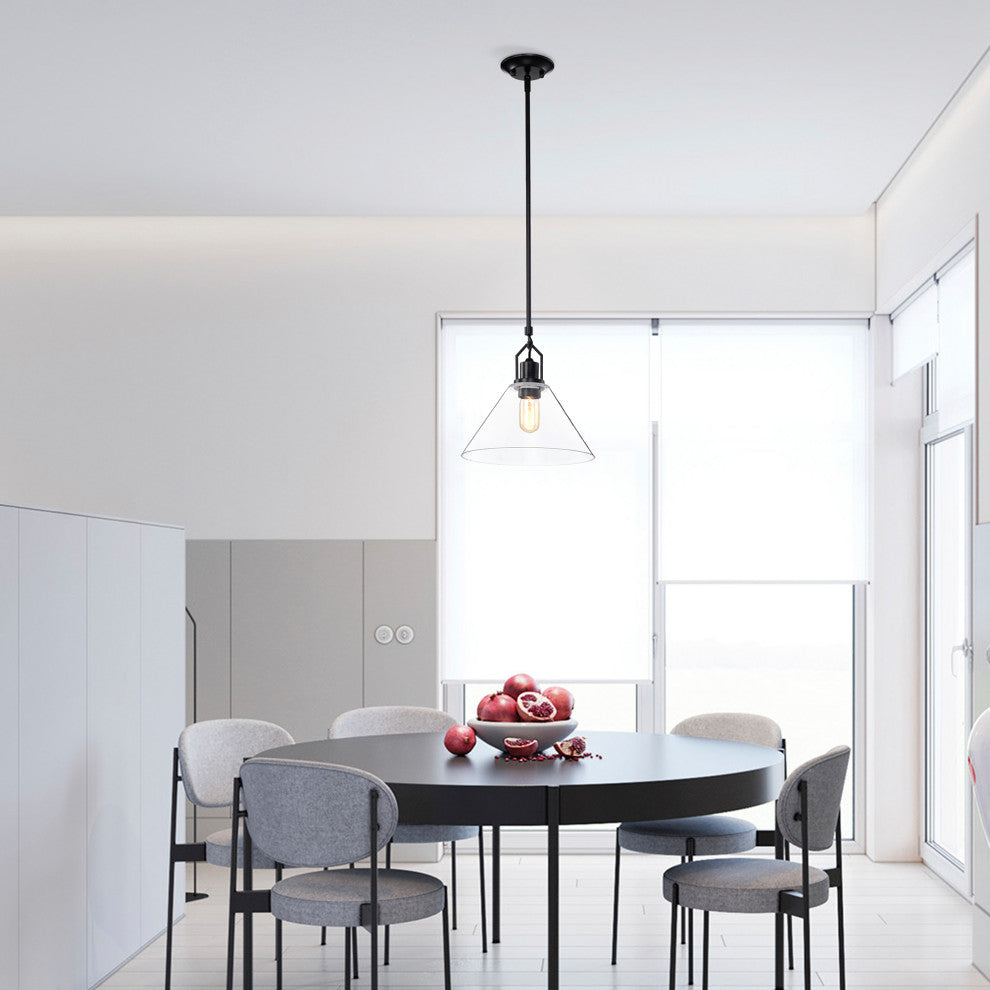 1-Light Matte Black 12 in. Pendant With Clear Cone Glass Shade