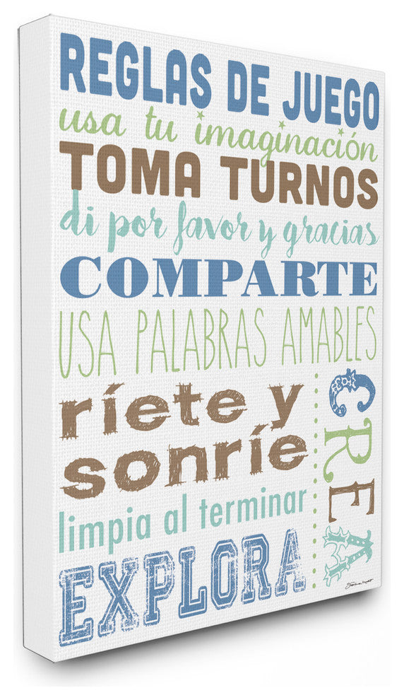 "Spanish Blue Family Rules Typog" Oversized Stretched Canvas Wall Art