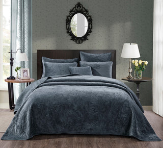 Navy Blue Velvet Plush Waves Bedspread Set, Cal King