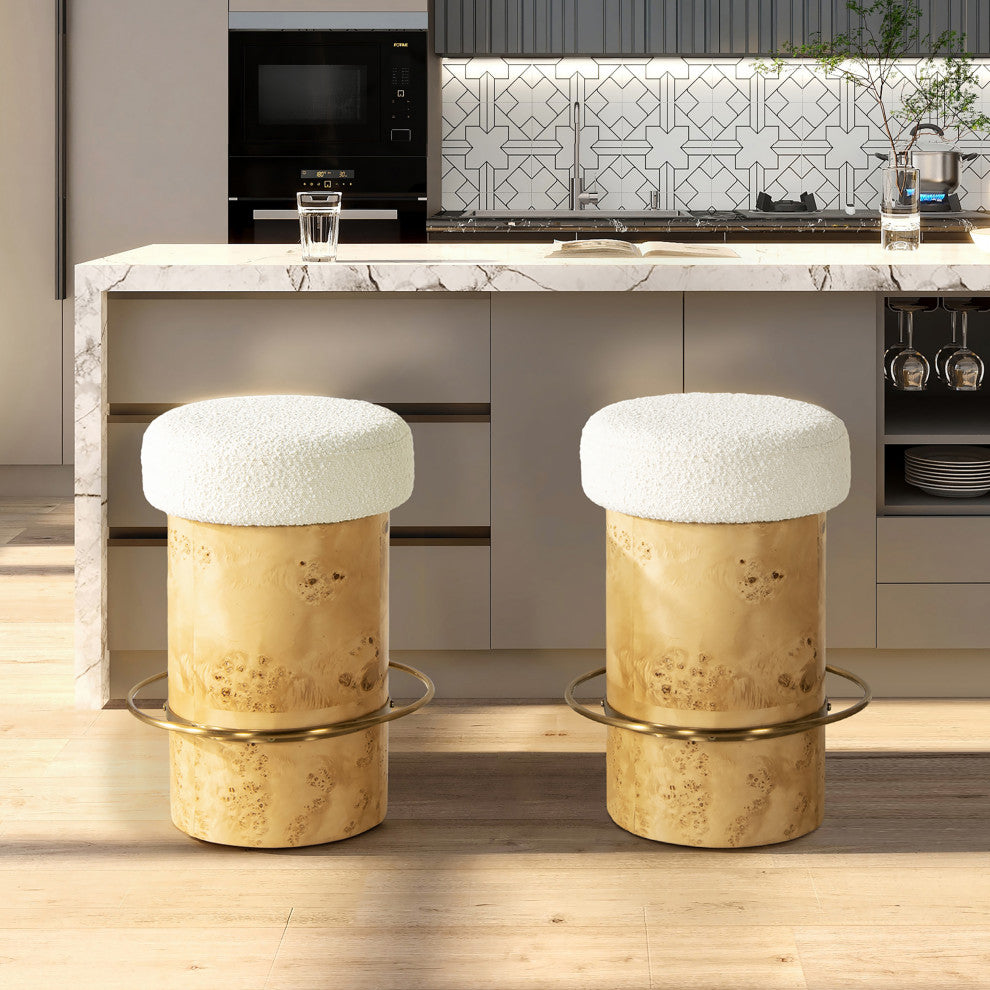 Nebula 26" Backless Round Burl Wood Counter Stool, Ivory White Boucle