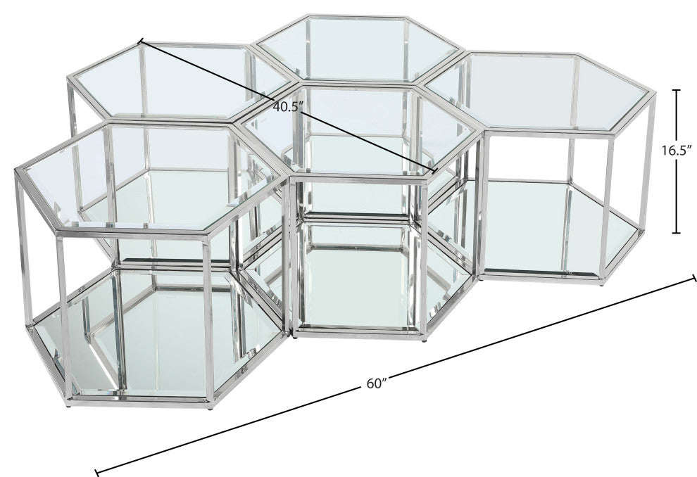 Sei Glass Top Coffee Table With Mirrored Base, Chrome, 5-Piece