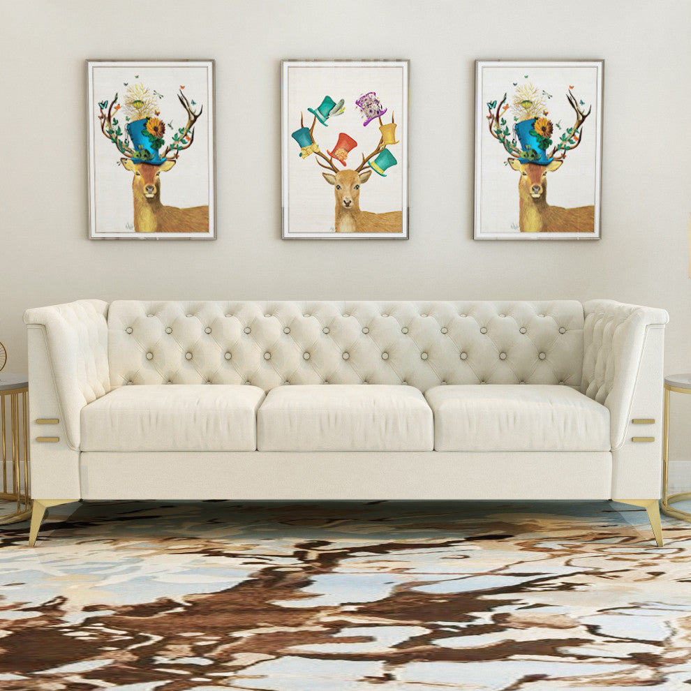 82.7'' Chesterfield Velvet Square Arm Sofa with Gold Leg, Beige