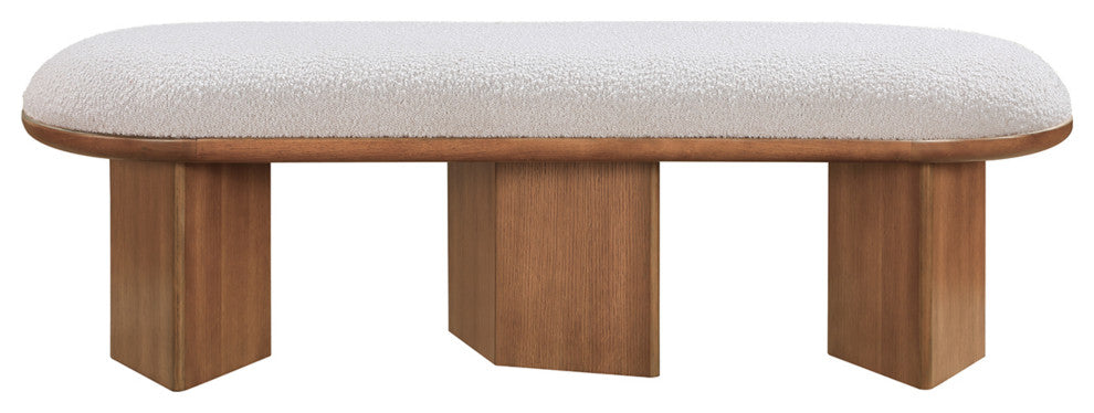 Wilshire Boucle Fabric Upholstered Bench, Cream, Walnut Finish