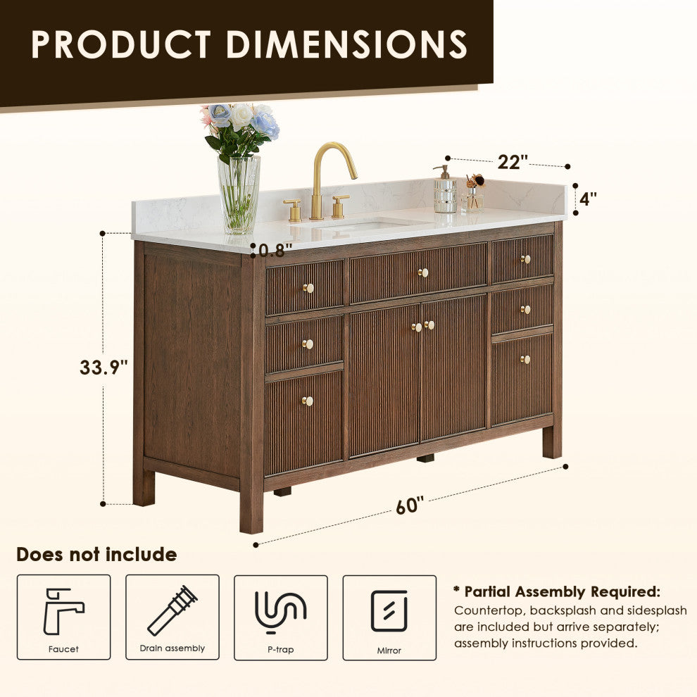 Cerrito Bathroom Vanity, Brown Brushed Oak, 60" Single, Without Mirror