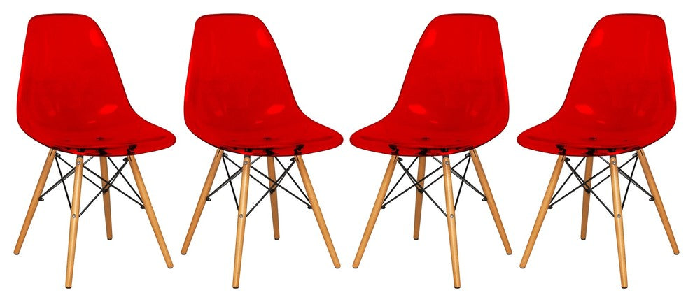 Dover Molded Dinin Side Chair, Wood Dowel Eiffel Base, Set of 4, Transparent Red