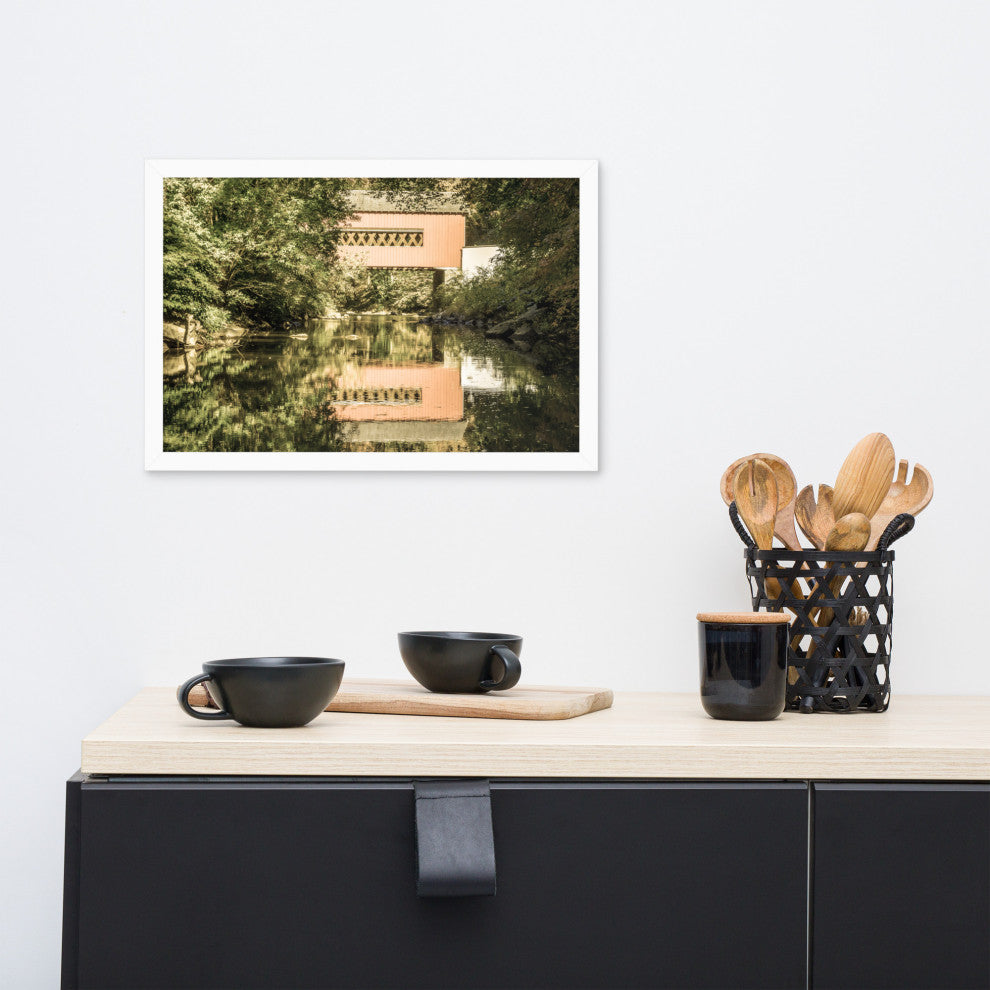 The Reflections of Wooddale Covered Bridge Aged Framed Photo Wall Art Print, White, 12" X 18"