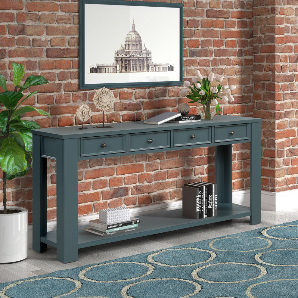 TATEUS Solid Pine Wood Console Table Entryway table with Drawers and Shelves, Blue