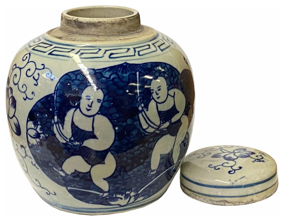 Chinese Oriental Small Blue White Twin Kids Porcelain Ginger Jar Hws1858