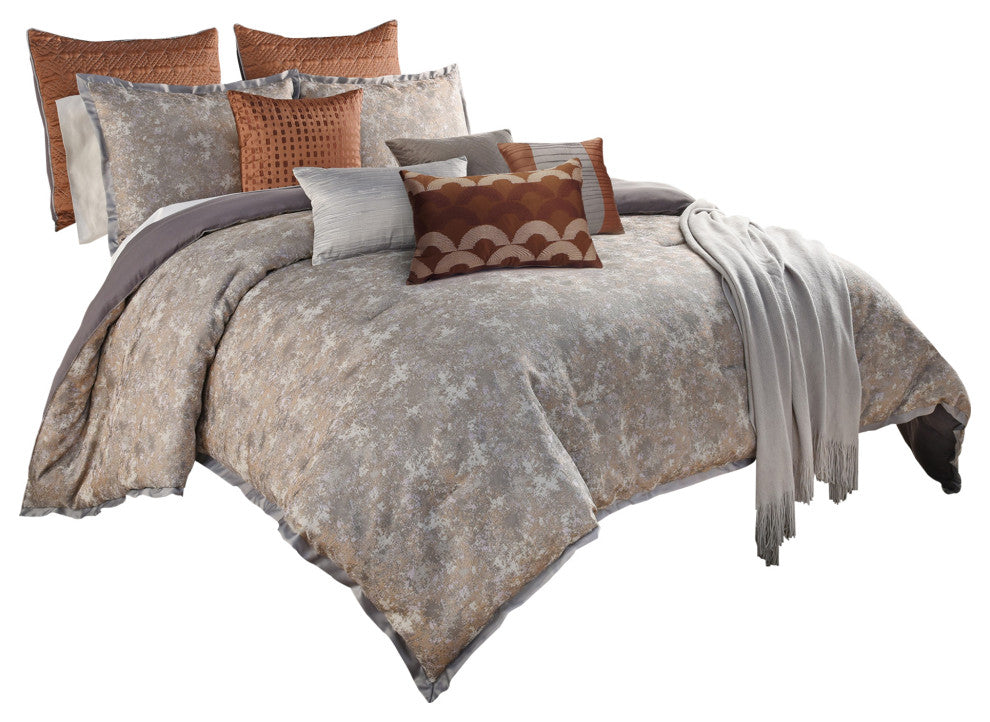 Benzara BM227290 12 Piece King Comforter Set with Textured Details, Gray/Brown