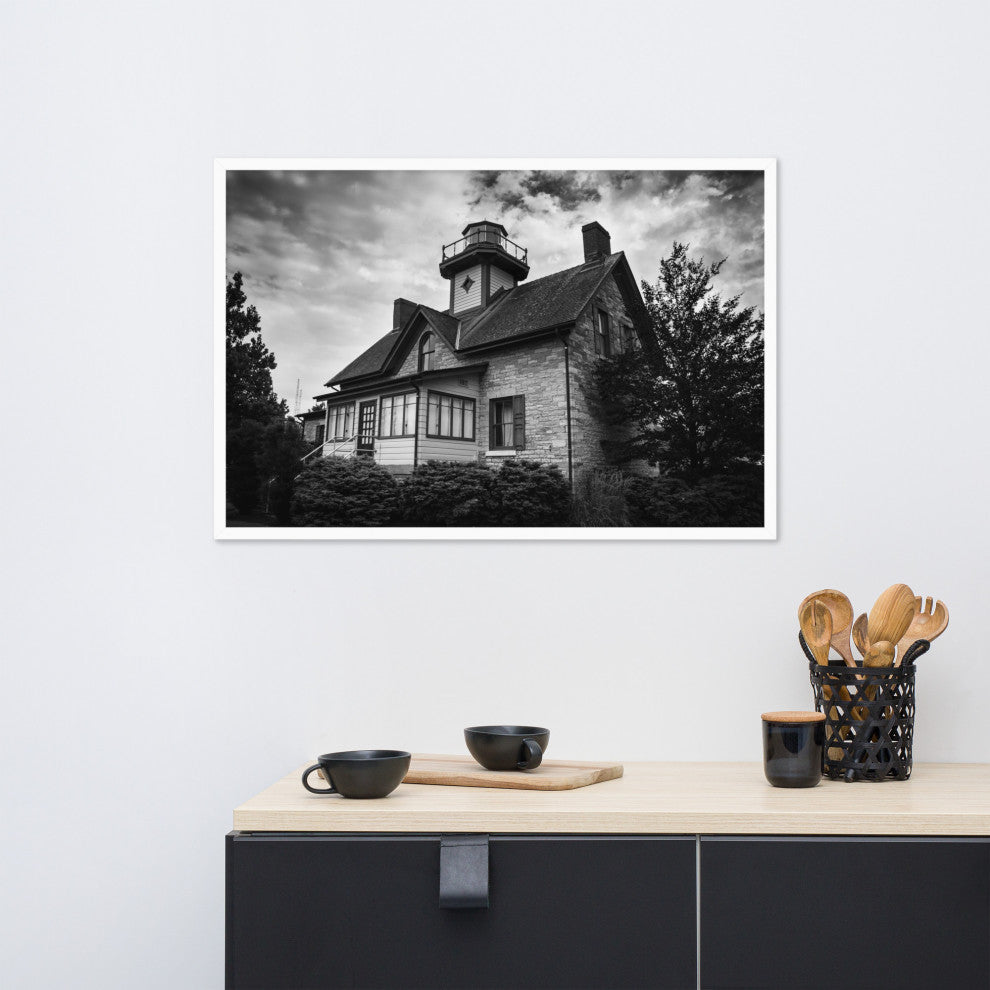 Cedar Point Lighthouse in Black and White Framed Photo Paper Wall Art Prints, White, 24" X 36"