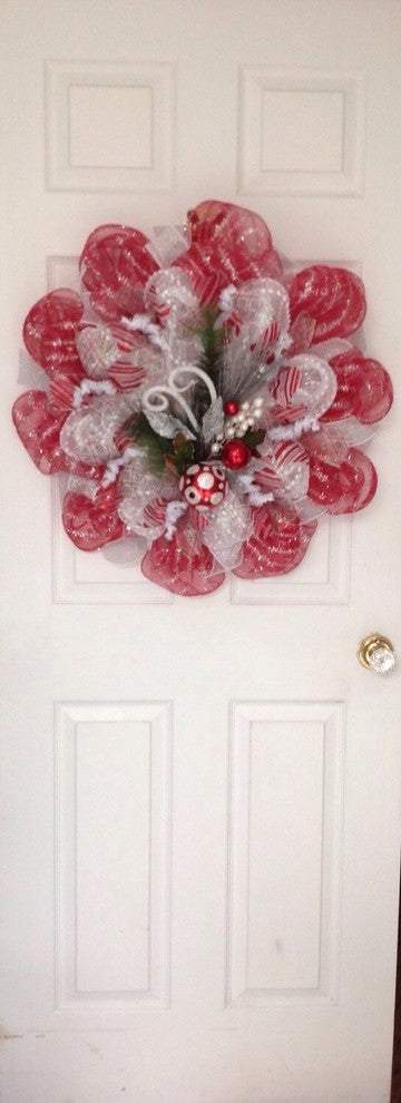 Red, Silver, White Raz Ornament Spray Holiday Handmade Deco Mesh Wreath
