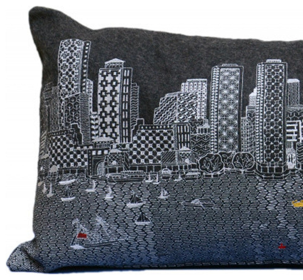 35" Black Boston Nighttime Skyline Lumbar Decorative Pillow