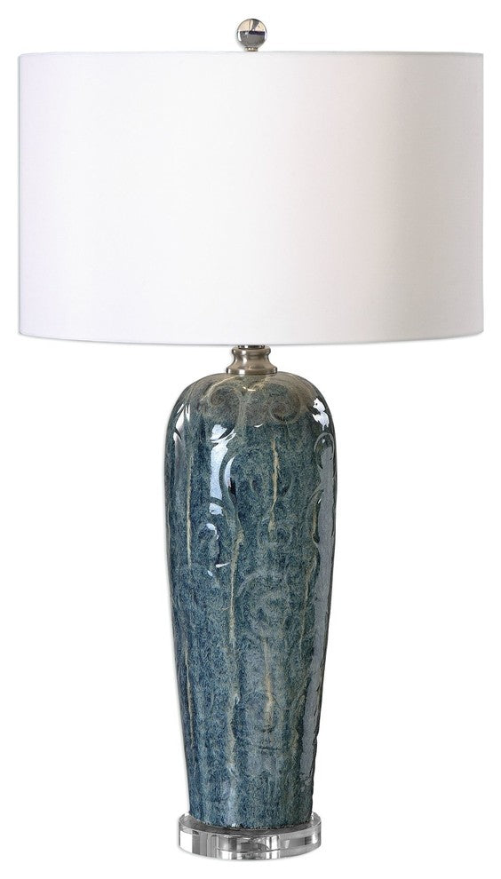 Embossed Blue Scroll Table Lamp, Ivory White Shade Ornate Romantic Gloss