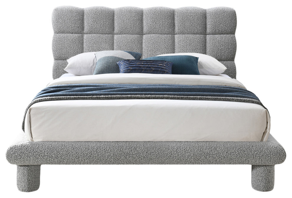 Deco Boucle Fabric Upholstered Full Bed, Gray, Queen