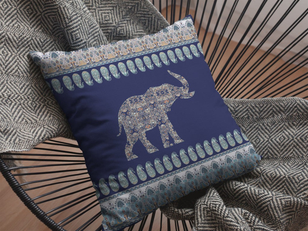 18" Navy Ornate Elephant Zippered Suede Throw Pillow