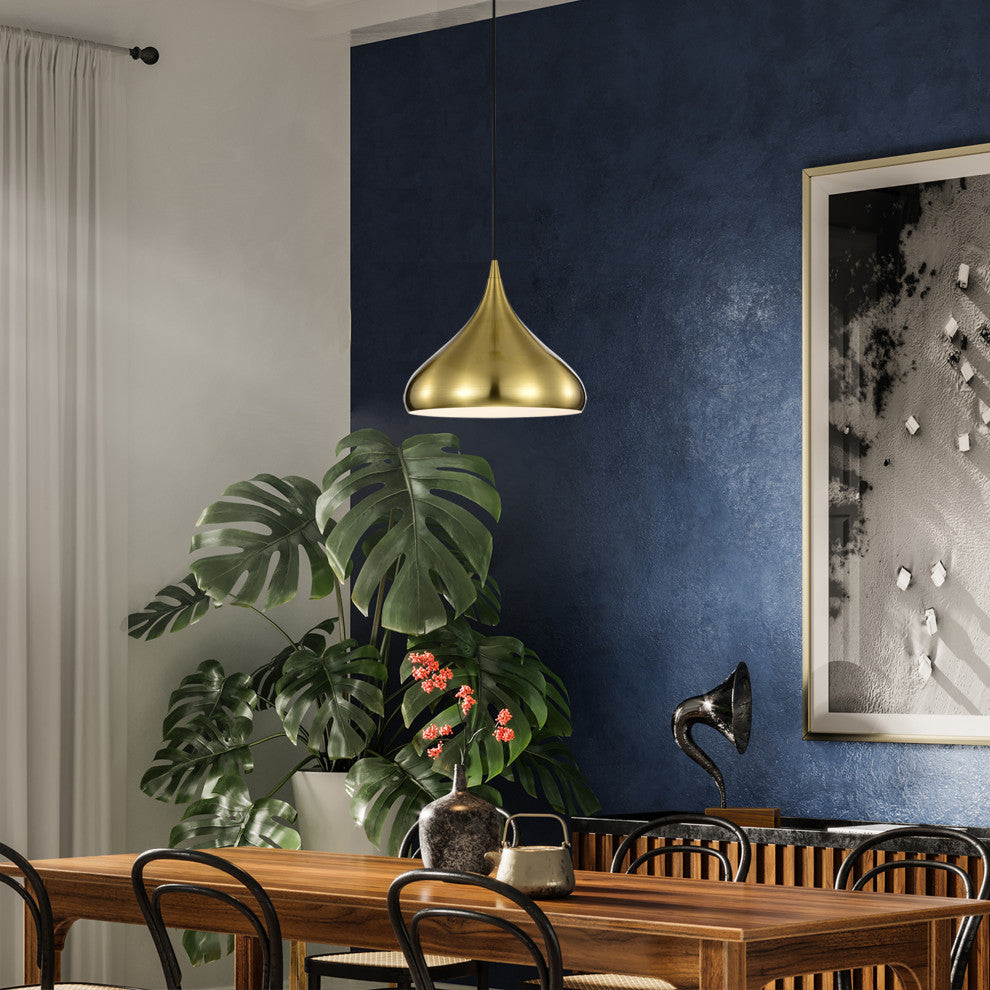 1-Light 12 in. Gold Single Pendant With Teardrop Metal Shade