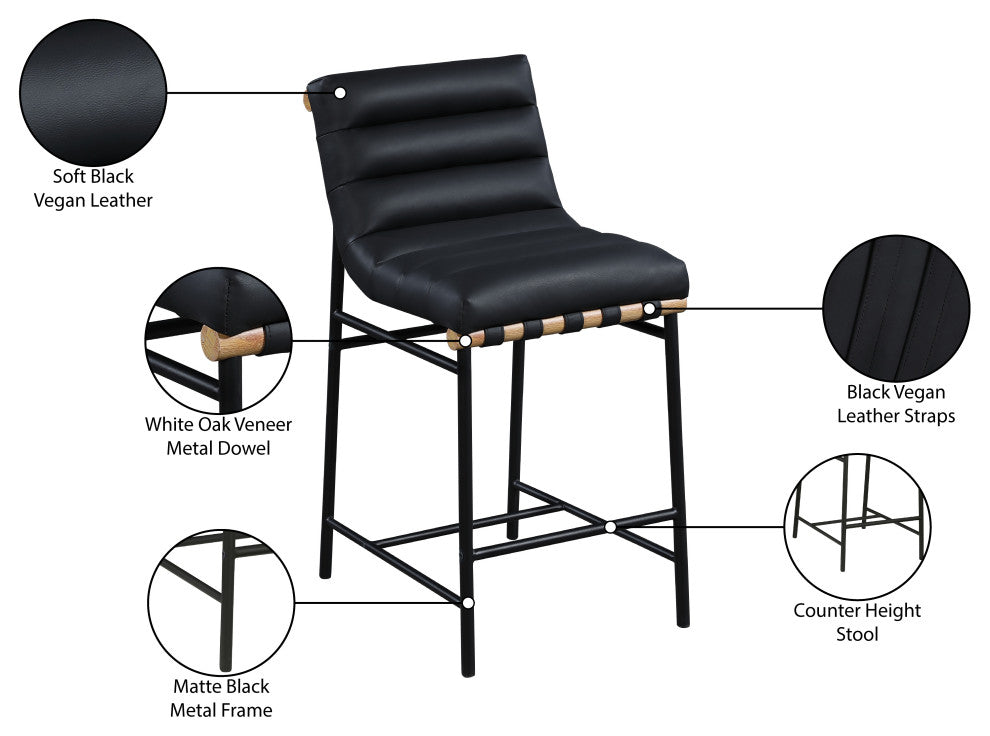 Burke Counter Stool, Black, Vegan Leather, White Oak Veneer Metal Dowel