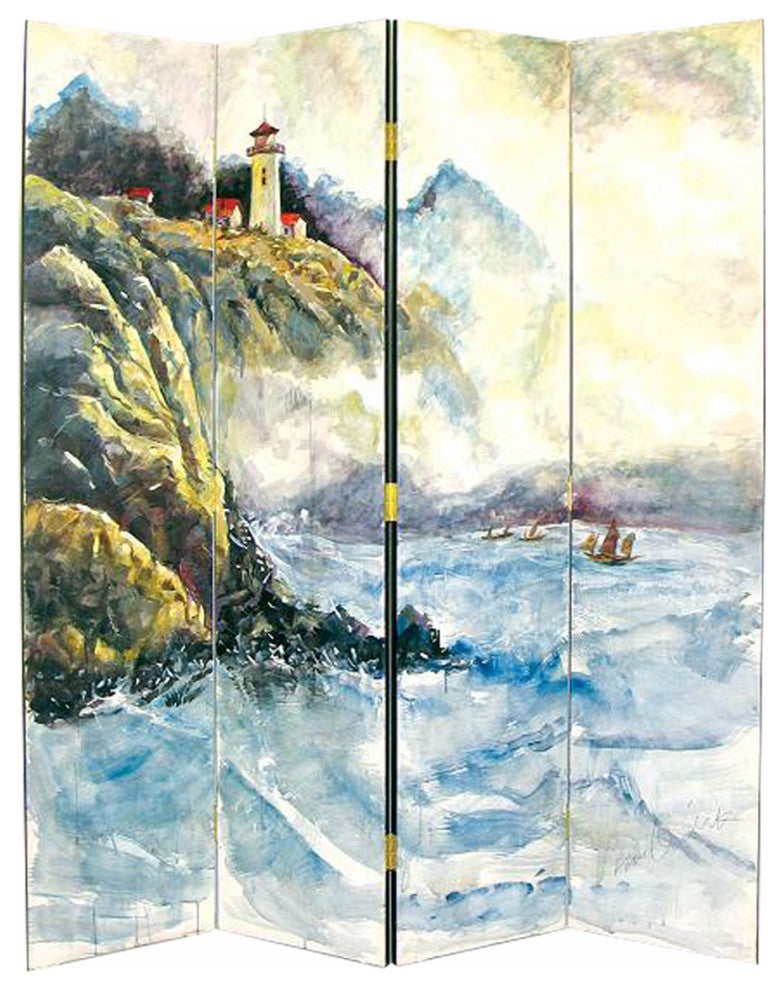 Benzara BM213508 4 Panel Room Divider with Landscape Scene, Multicolor
