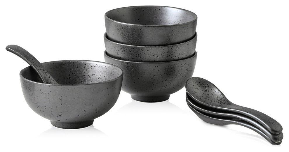 8-Piece Stone Lain Valencia Porcelain Serving Bowl and Spoon Set, Metallic Gray