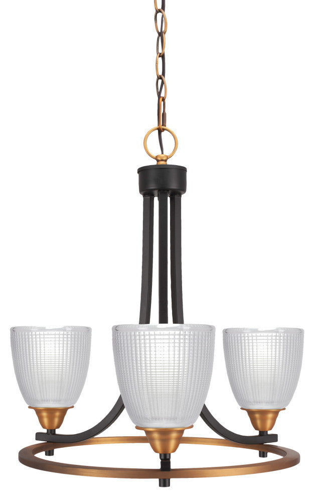 Paramount Uplight 3-Light Chandelier, Matte Black & Brass, 5" Clear Ribbed Glass