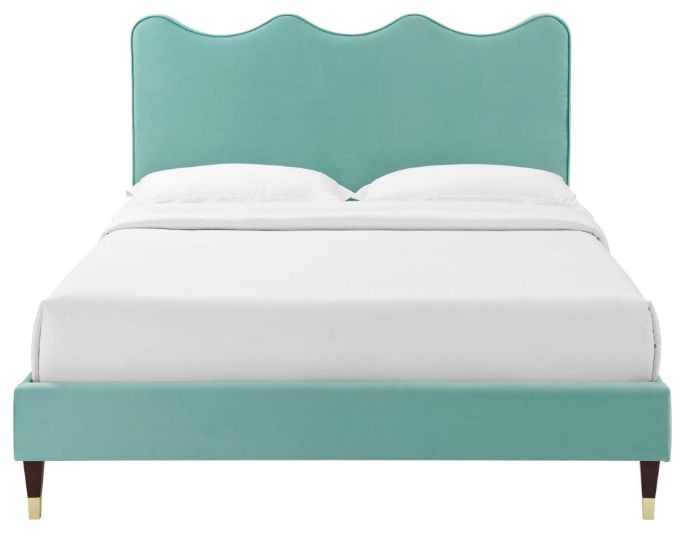 Platform Bed Frame, King Size, Blue, Velvet, Modern, Bedroom Master Guest Suite